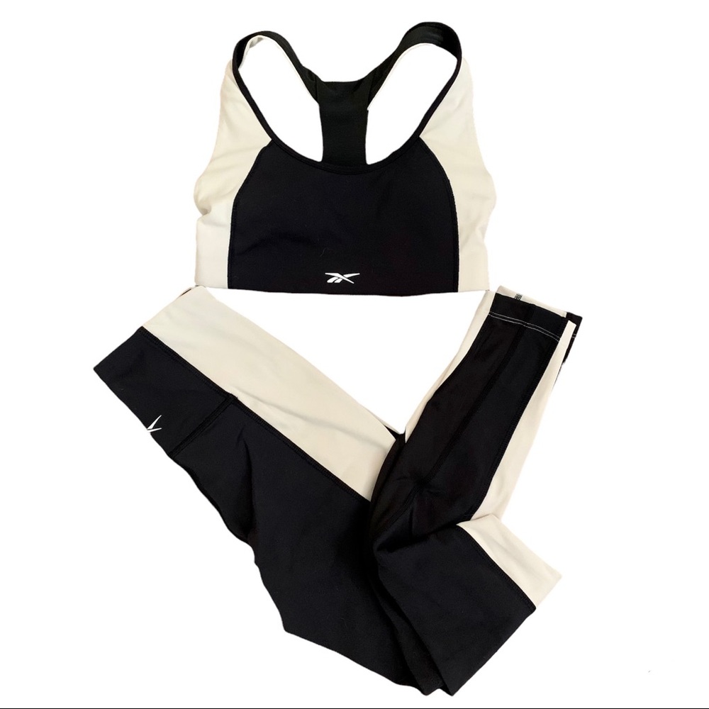 Reebok Classics Black Colorblock Lux Leggings & Lux Racer Sport Bra gym se